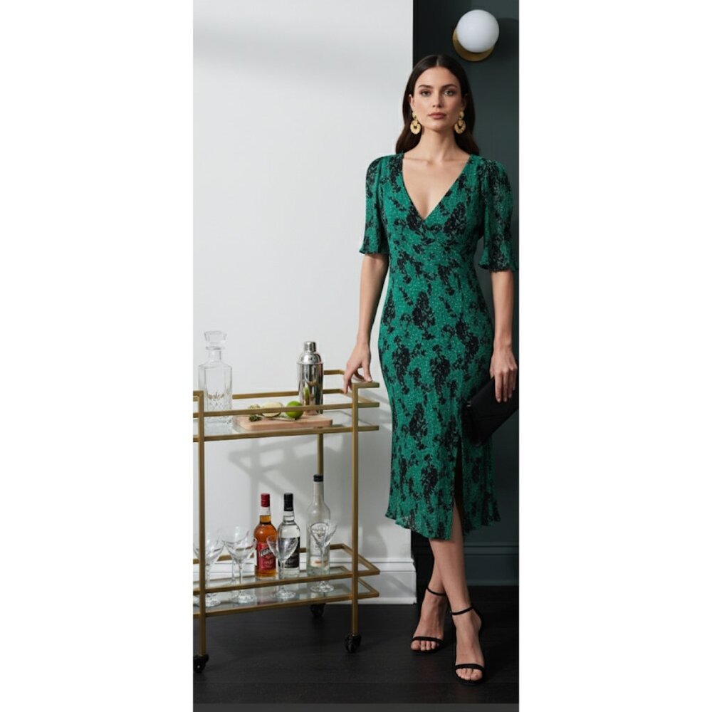 Caroll Paris Green Crinkle Floral Midi Dress Size 38 (US 6) Viscose Lined